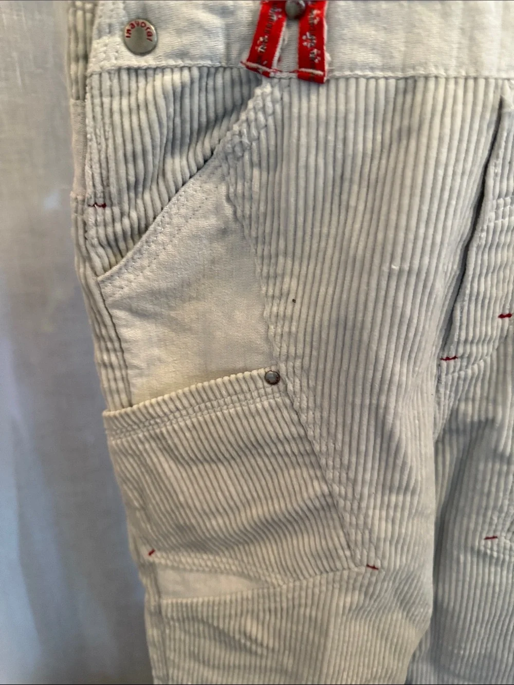Gymboree Light Gray and White Striped Overalls with Red Train Detail
